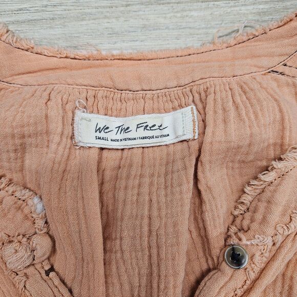 We The Free People Orange Cotton Distressed Blouse Size Small Oversized Button - Picture 6 of 10